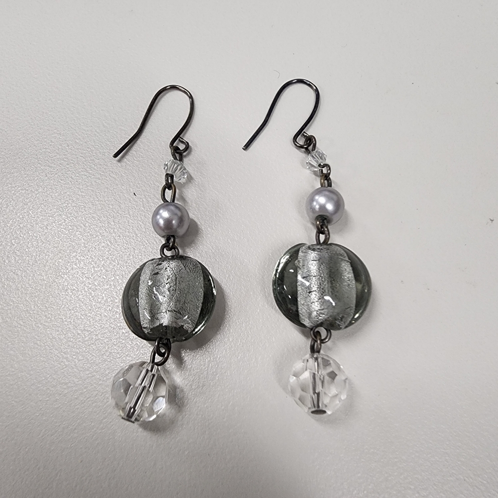 Chic Gray & Silver Dangle Earrings Handmade Glass Bead Drops Artisan